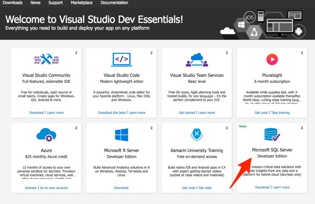 How create apps. Visual Studio Dev Essentials. Visual Studio community Edition. Create application for Android. Microsoft SQL Mac os.